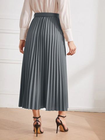 Modely Solid Belted Pleated Skirt Maxi Women Outfit