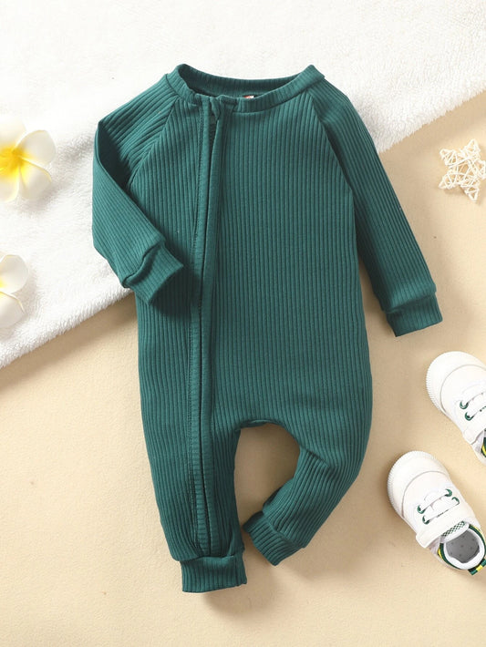 Baby Boy Solid Raglan Sleeve Oblique Zipper Jumpsuit