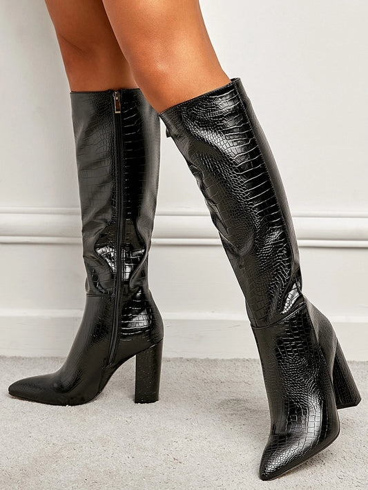 Women's Chunky High Heel Pointed Toe Side Zipper Animal Print Autumn Winter Knee-length Boots