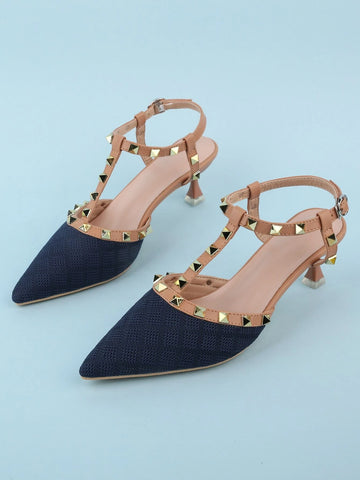 Women Studded Decor Point Toe Pyramid Heeled Slingback Pumps