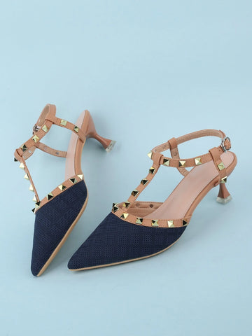 Women Studded Decor Point Toe Pyramid Heeled Slingback Pumps