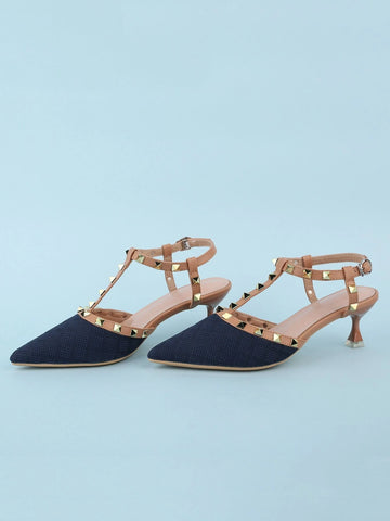 Women Studded Decor Point Toe Pyramid Heeled Slingback Pumps