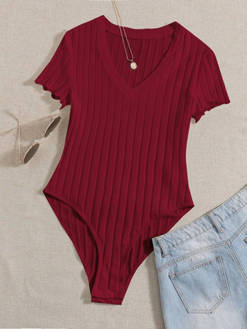 EZwear Solid Ribbed Knit V Neck Bodysuit For Summer