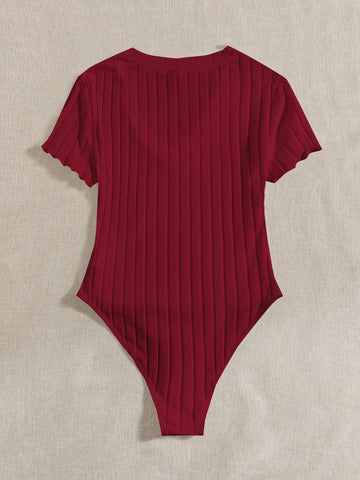 EZwear Solid Ribbed Knit V Neck Bodysuit For Summer