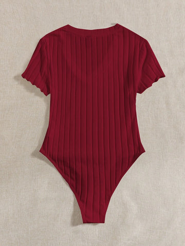 EZwear Solid Ribbed Knit V Neck Bodysuit For Summer