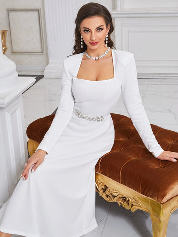 Modelyn Rhinestone Detail A-Line Dress Long Evening Dresses