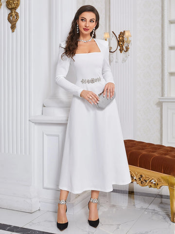 Modelyn Rhinestone Detail A-Line Dress Long Evening Dresses