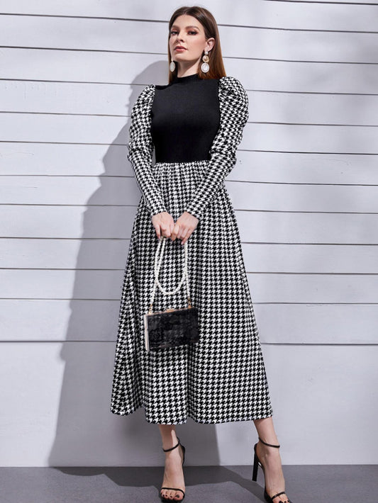 Modely Mock Neck Leg-of-mutton Sleeve Houndstooth Dress