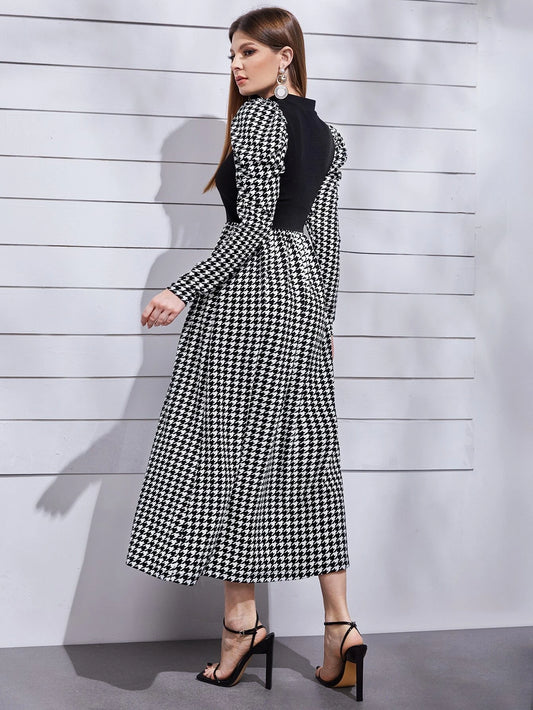 Modely Mock Neck Leg-of-mutton Sleeve Houndstooth Dress