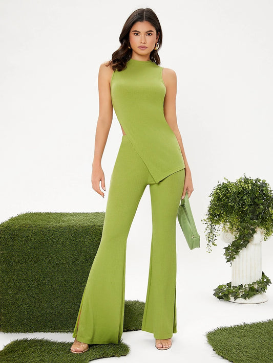 BAE Mock Neck Slit Hem Tank Top And Pants Set