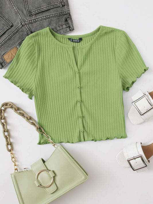 EZwear Button Front Lettuce Trim Rib-knit Tee