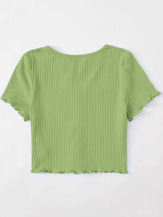 EZwear Button Front Lettuce Trim Rib-knit Tee