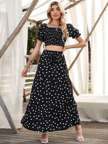 VCAY Square Neck Allover Print Shirred Puff Sleeve Crop Top & Polka Dot Print Skirt