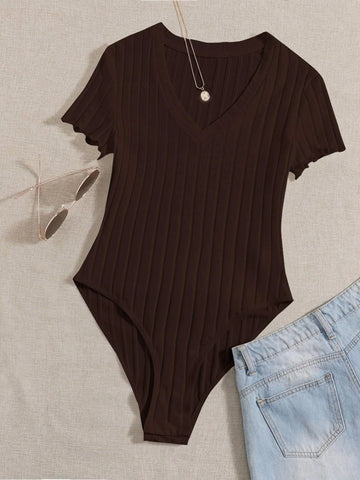 EZwear Solid Ribbed Knit V Neck Bodysuit For Summer