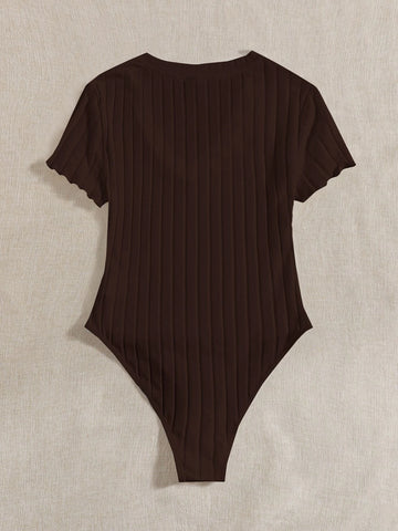 EZwear Solid Ribbed Knit V Neck Bodysuit For Summer