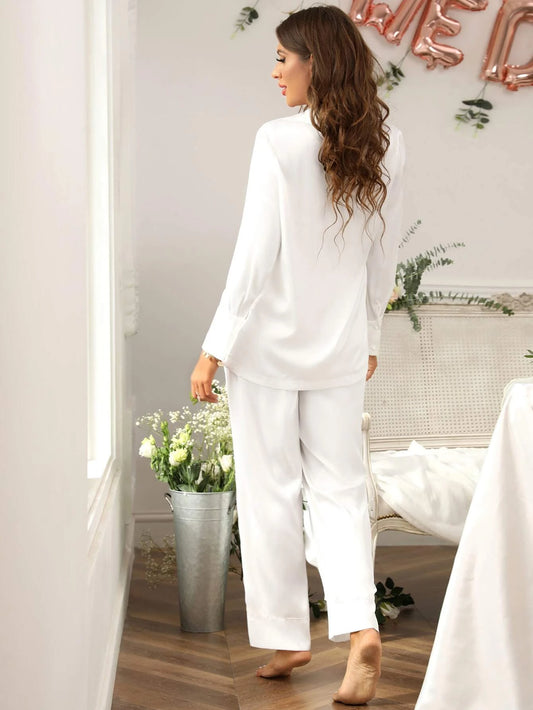 Pocket Front Blouse & Pants PJ Set / Pajama Set White Set