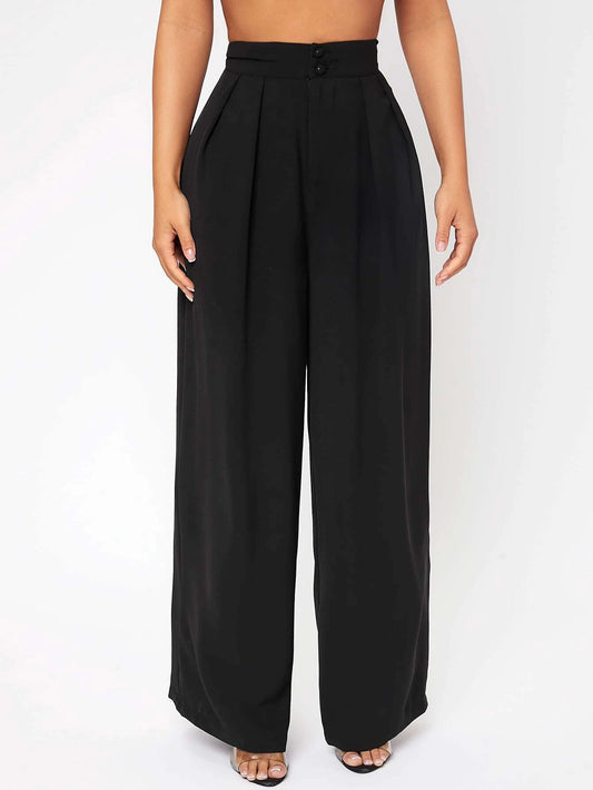 PETITE High Waist Plicated Wide Leg Black Dress Pants