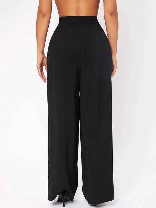 PETITE High Waist Plicated Wide Leg Black Dress Pants