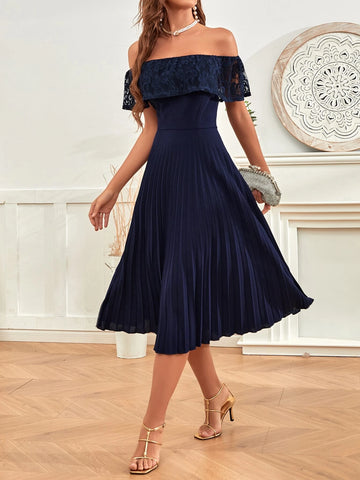 Clasi Patchwork Lace Ruffle Off-Shoulder Dress