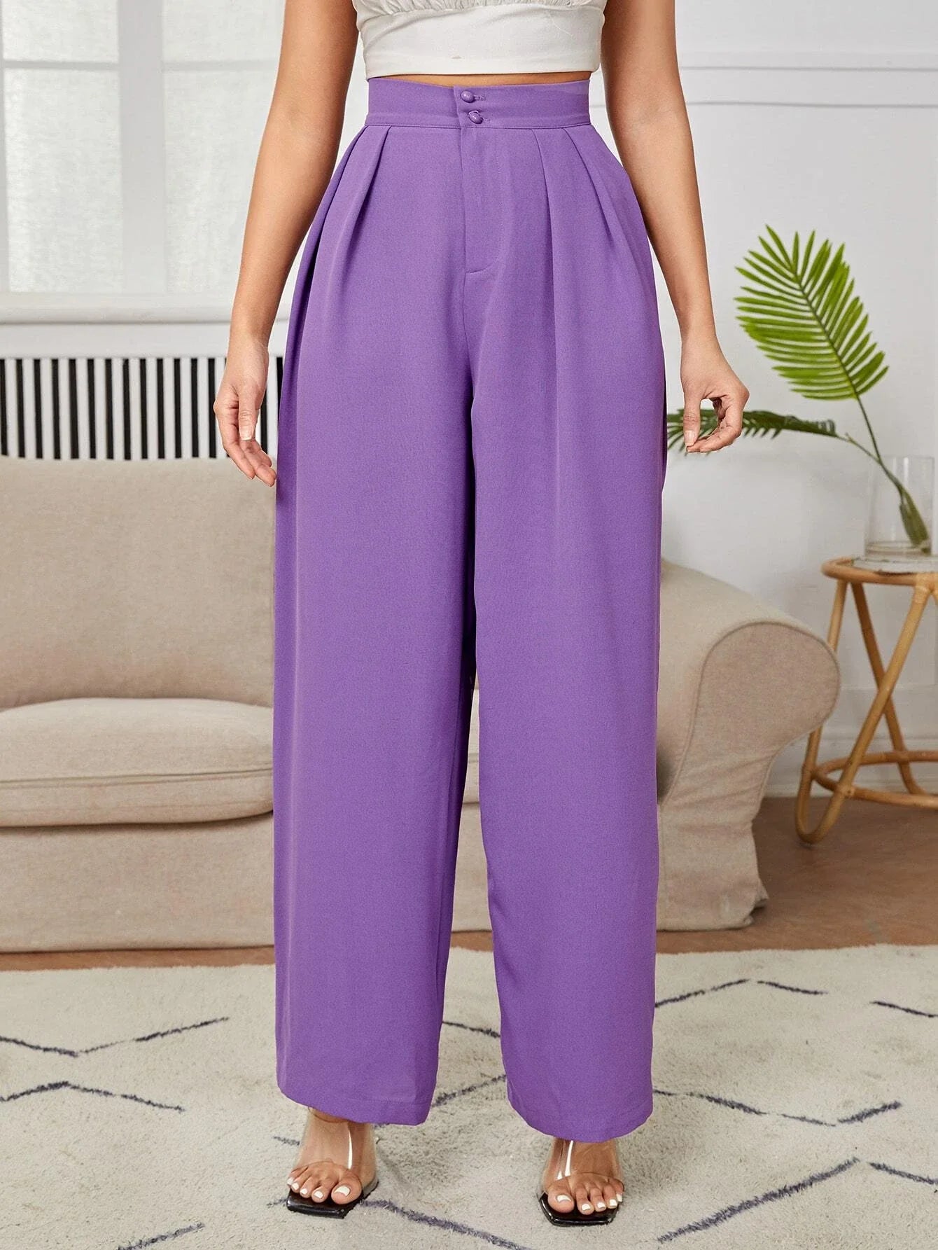 PETITE High Waist Plicated Wide Leg Black Dress Pants