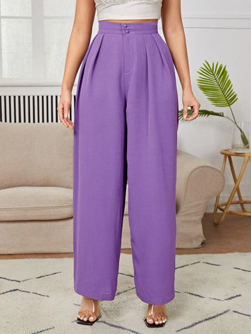 PETITE High Waist Plicated Wide Leg Black Dress Pants