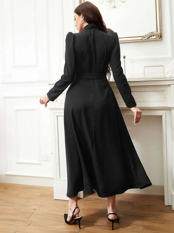 Modely Puff Sleeve Surplice Neck Belted Modest Long Sleeve Dress