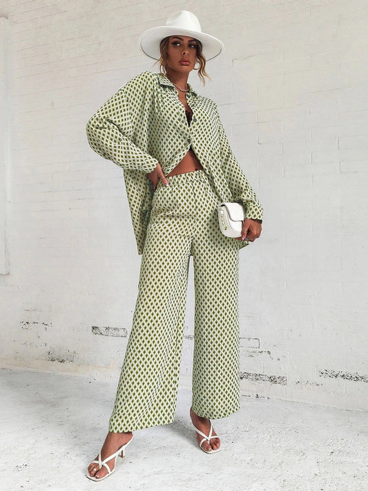 Priv� Argyle Print Drop Shoulder Blouse & Wide Leg Pants