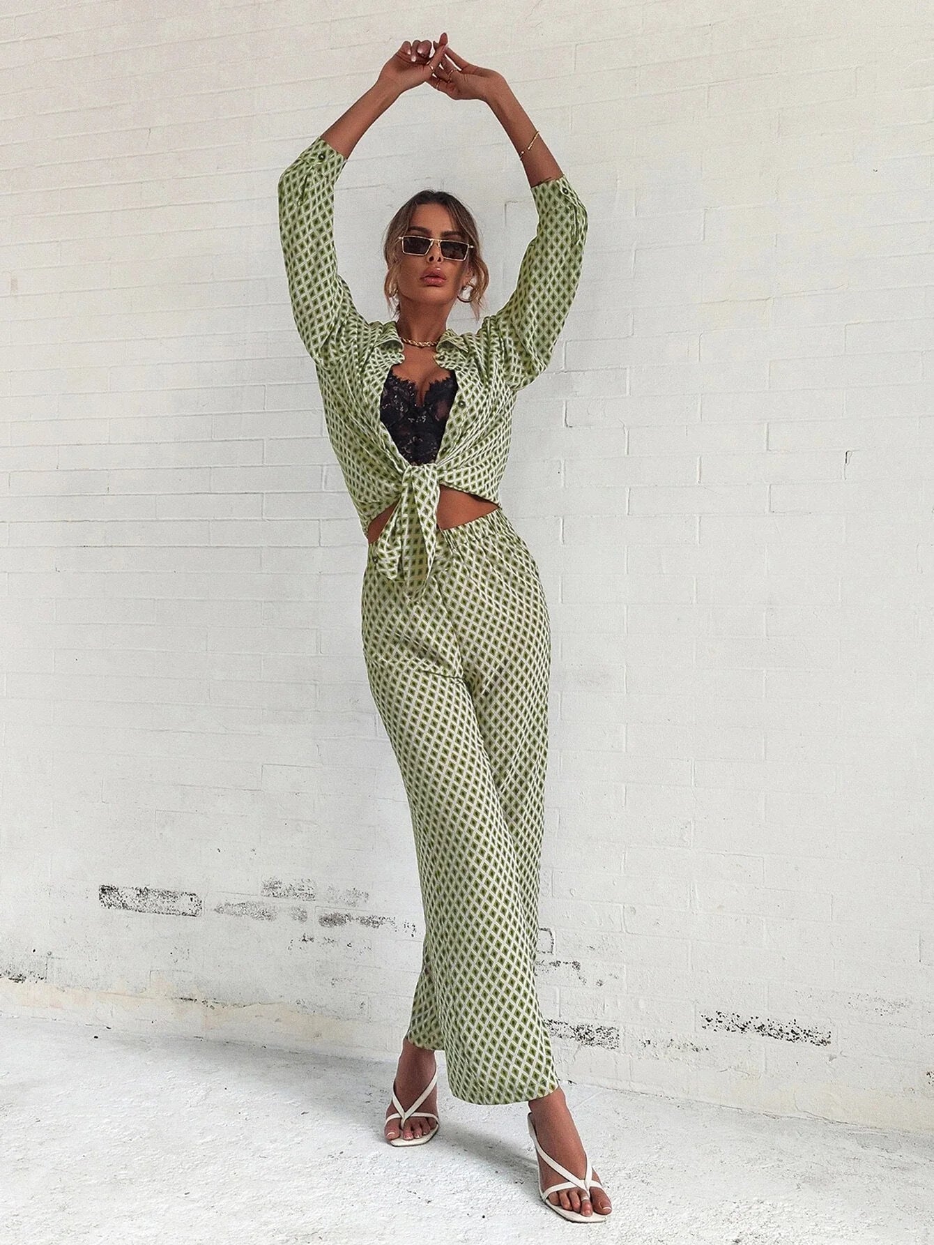 Priv� Argyle Print Drop Shoulder Blouse & Wide Leg Pants