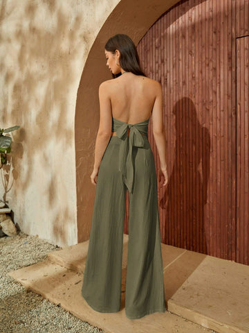 VCAY Tie Back Backless Halter Top & Wide Leg Pants