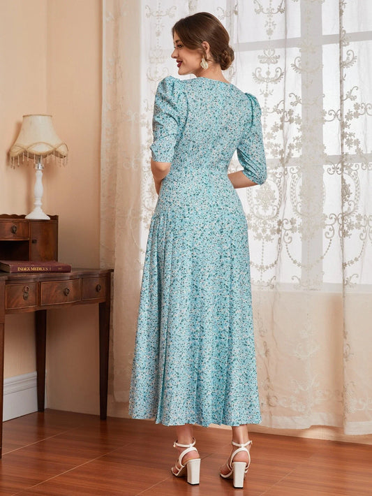 Mulvari Ditsy Floral Button Front Plicated Detail Puff Sleeve Dress