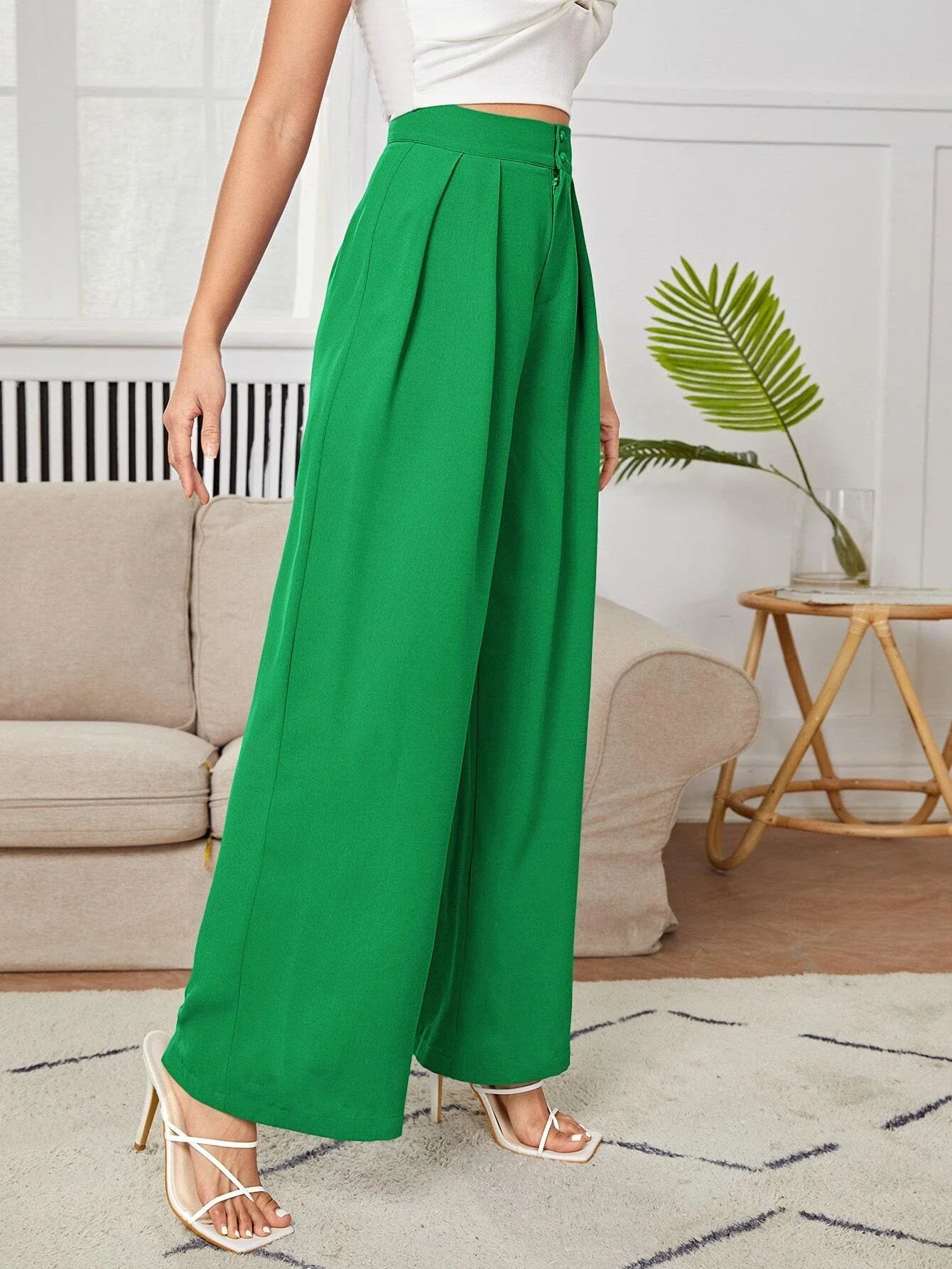 PETITE High Waist Plicated Wide Leg Black Dress Pants