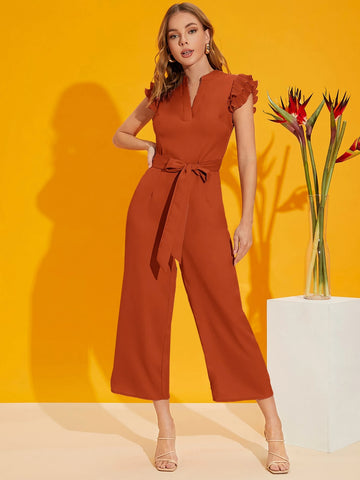 Firerie Layered Pleated Sleeve Belted Jumpsuit