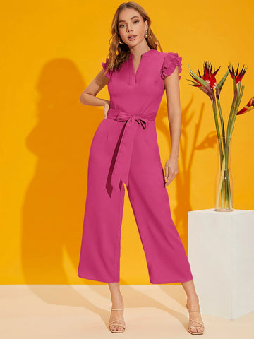 Firerie Layered Pleated Sleeve Belted Jumpsuit