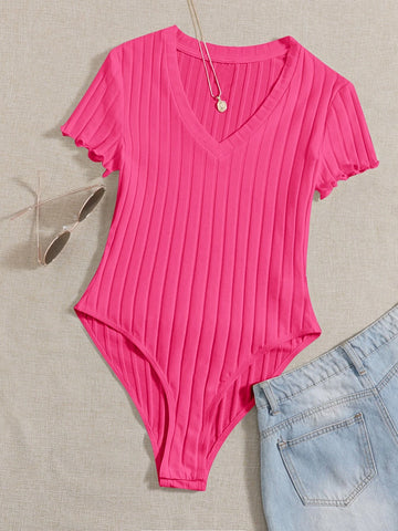 EZwear Solid Ribbed Knit V Neck Bodysuit For Summer