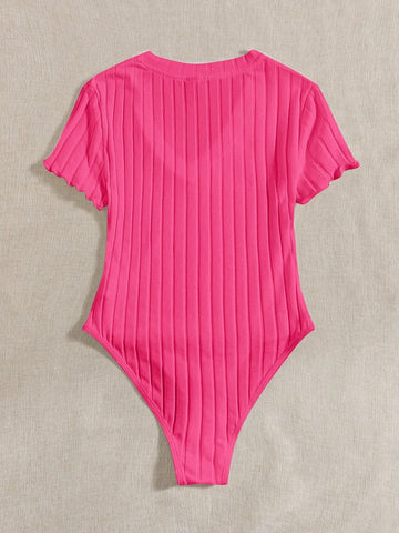 EZwear Solid Ribbed Knit V Neck Bodysuit For Summer