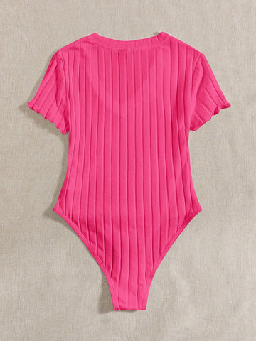 EZwear Solid Ribbed Knit V Neck Bodysuit For Summer