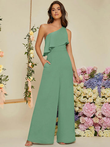 Belle One Shoulder Ruffle Trim Wide Leg Jumpsuit