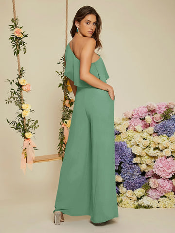Belle One Shoulder Ruffle Trim Wide Leg Jumpsuit