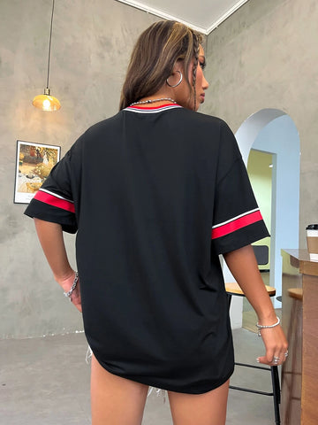 MOOSTA Letter Graphic Striped Trim Drop Shoulder Tee