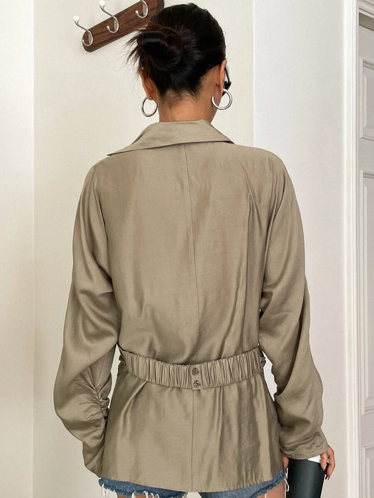 DAZY Asymmetrical Hem Batwing Sleeve Ruched Wrap Blouse