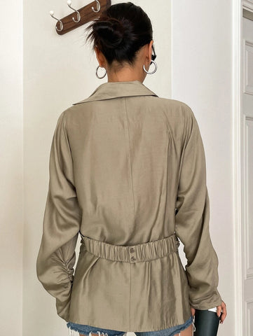 DAZY Asymmetrical Hem Batwing Sleeve Ruched Wrap Blouse
