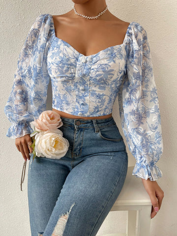 Raffinéa Floral Print Flounce Sleeve Ruched Chiffon Blouse