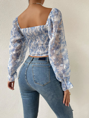 Raffinéa Floral Print Flounce Sleeve Ruched Chiffon Blouse