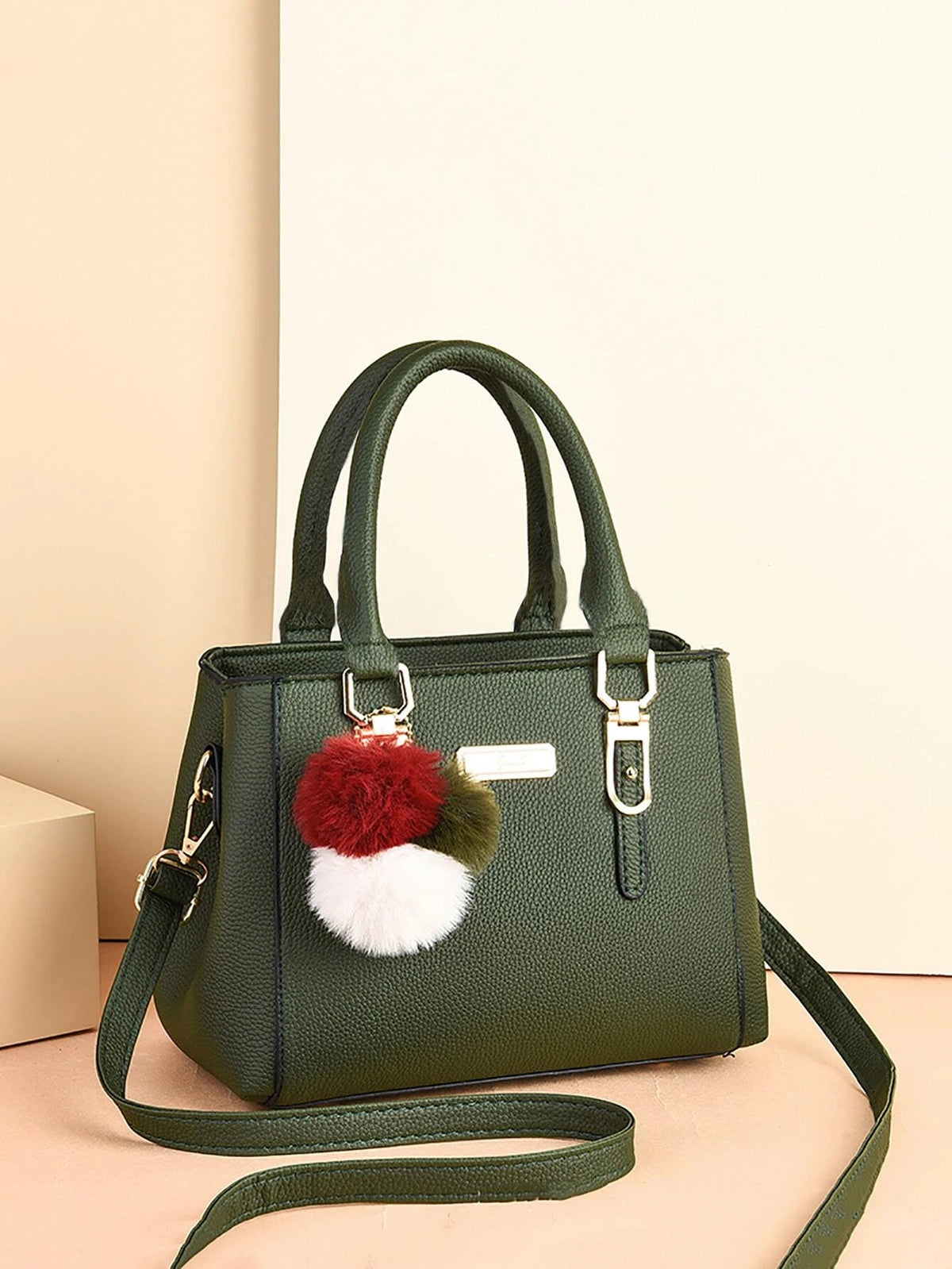 Waterproof,Lightweight,Business Casual Fuzzy Pompom Metal Decor Square Bag