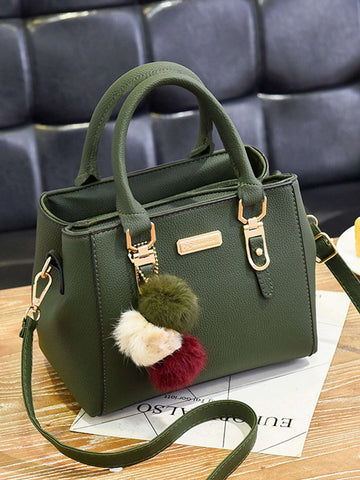 Waterproof,Lightweight,Business Casual Fuzzy Pompom Metal Decor Square Bag