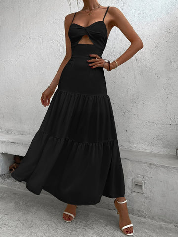 VCAY Twist Front Cut Out Ruffle Hem Maxi Cami Dress