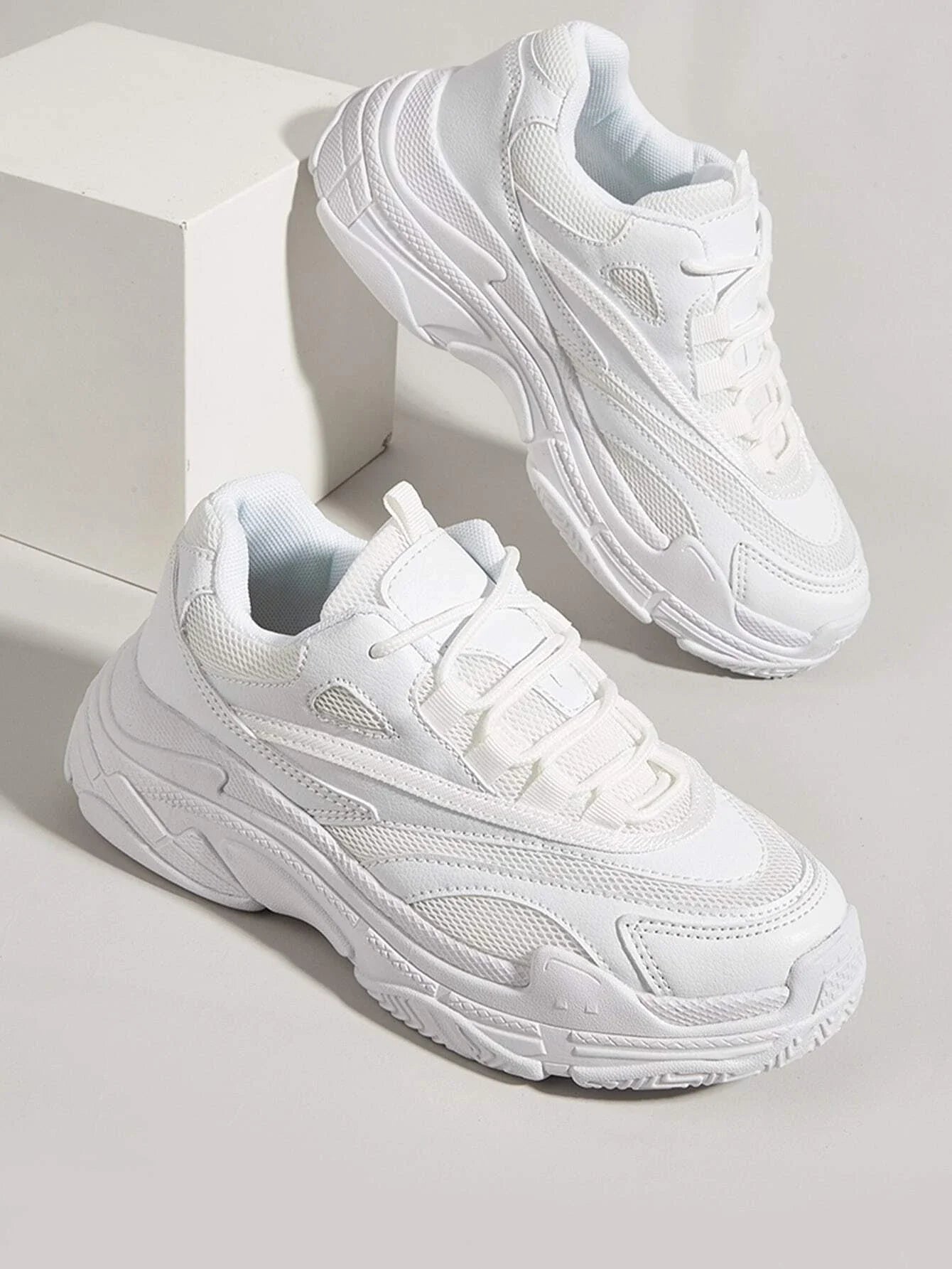 Mesh Panel Lace-Up Front Chunky Sneakers