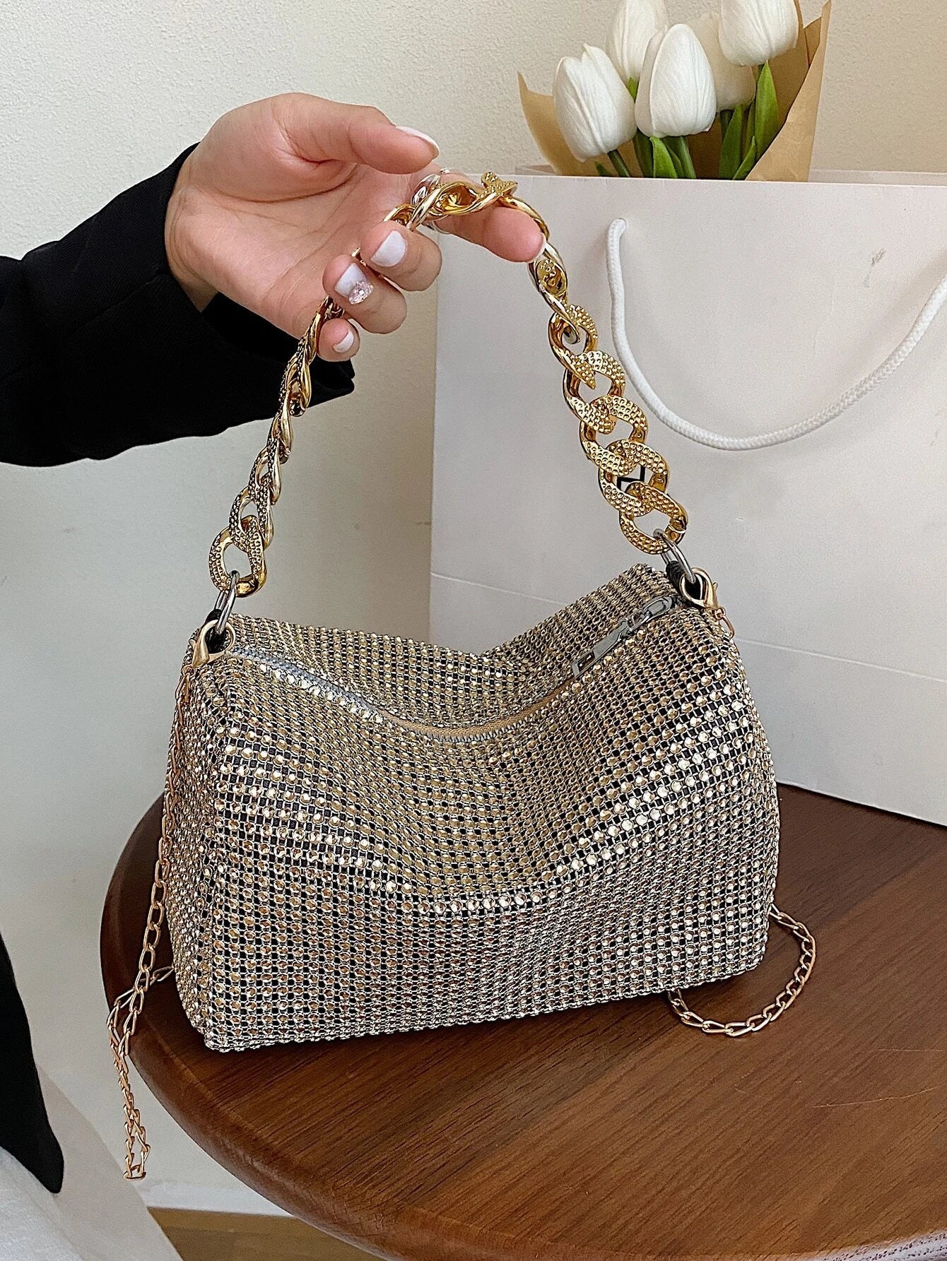 Lightweight, Business Casual Rhinestone Decor Bucket Bag Mini Drawstring Design