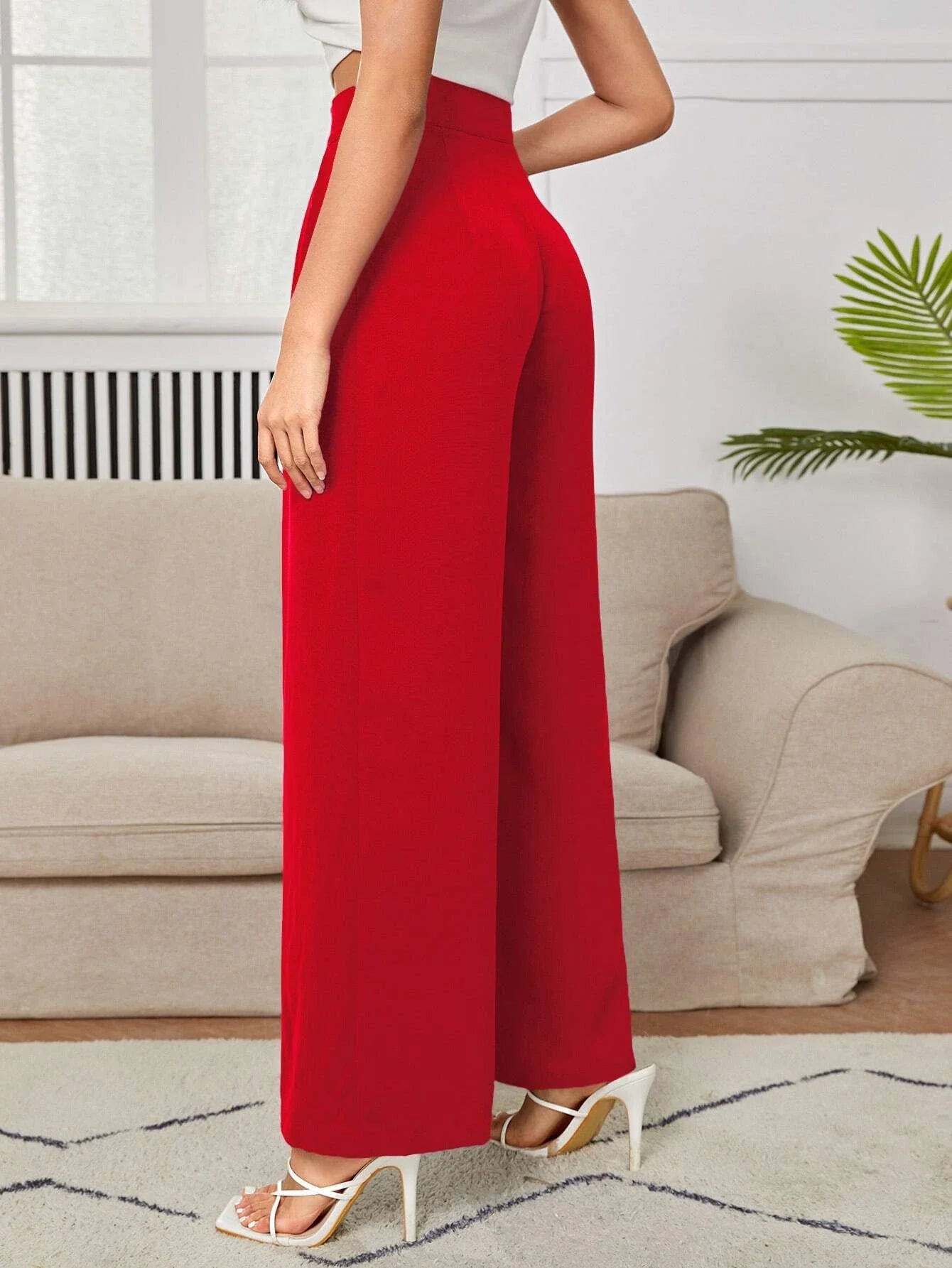 PETITE High Waist Plicated Wide Leg Black Dress Pants