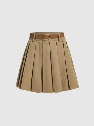 MOD Solid Pleated Belted Skirt